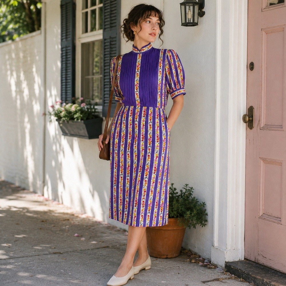 Nipon Boutique Dress Size‎ 6 Purple Floral Stripe Silk Blend Vintage Midi